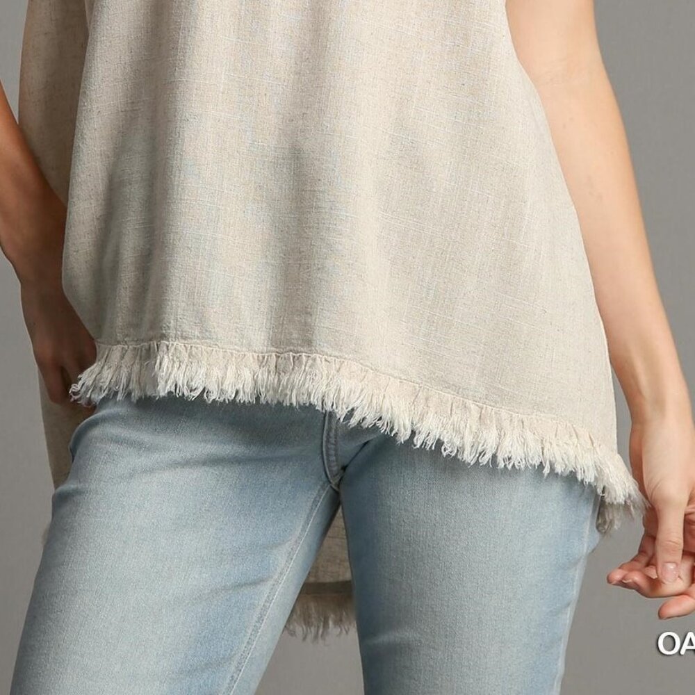 Embroidered Sleeves Linen Cotton Blend Round Neck w/ Frayed High Low Hem - Picture 6 of 15